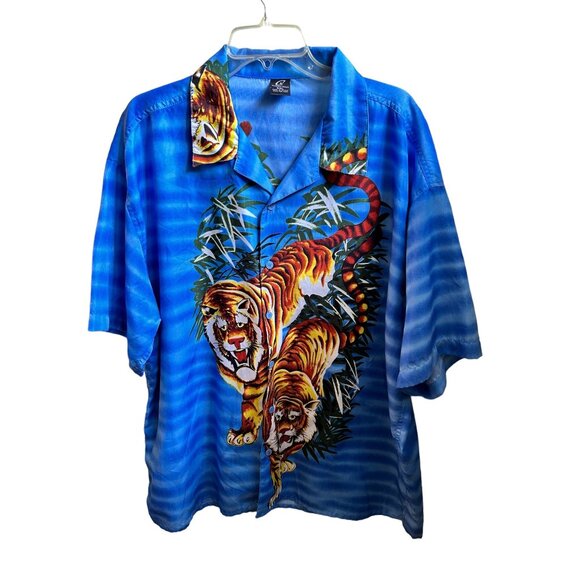 Claudio Nucci Mens XXL Blue Tiger Safari Print Short Sleeve Button Up Shirt - Picture 4 of 10